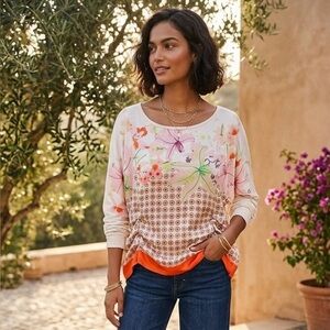Anthropologie TINY Mixed Media Floral Geo Ruched Dolman Top XS Oversized